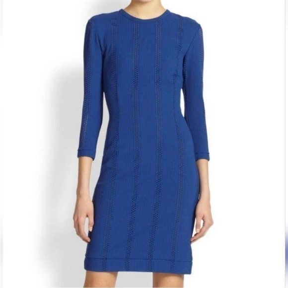 Rag & Bone Elsa Pointelle Bodycon Dress Blue Size 6 Midi Knit Lined - Picture 1 of 14